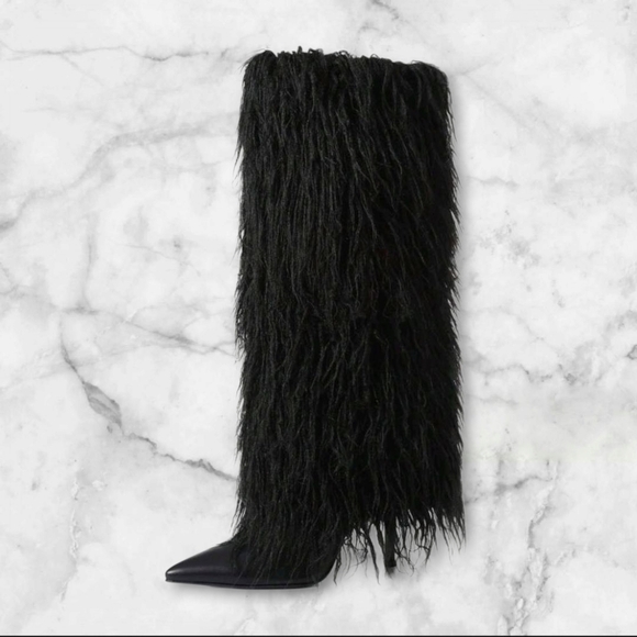 NWOT- SHUZIA SZ6 Winter Black Fur Knee-High Stiletto Boots - Picture 3 of 4